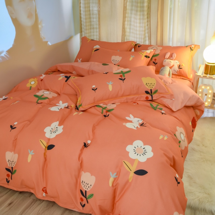 91家纺网 家纺一手货源 找家纺 雲归梦 2020新款小清新全棉生态磨毛四件套 田园兔-桔