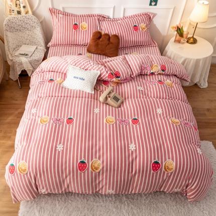 91家纺网 家纺一手货源 找家纺 珺柔 2020新款高克重牛奶绒四件套 条纹草莓