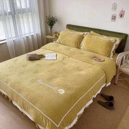 91家纺网 家纺一手货源 找家纺 北纬27度 2020新款高克重牛奶绒四件套 小雏菊-黄