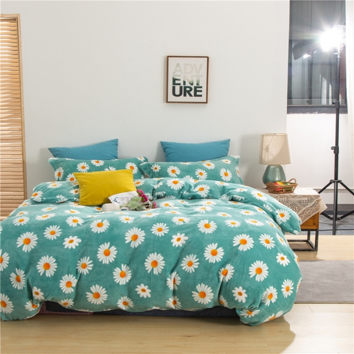 91家纺网 家纺一手货源 找家纺 青竹苑 2020新款牛奶绒四件套 小雏菊-绿