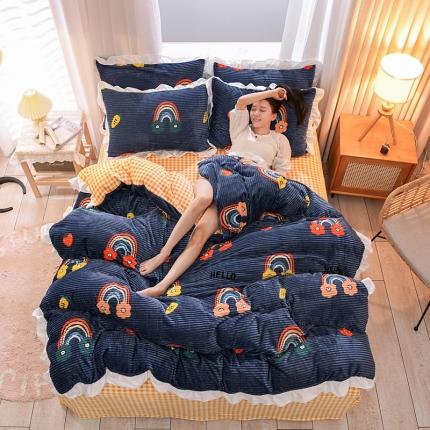 91家纺网 家纺一手货源 找家纺 佰亿莱 2024新款韩版花边工艺款印花魔法绒四件套 彩虹桥