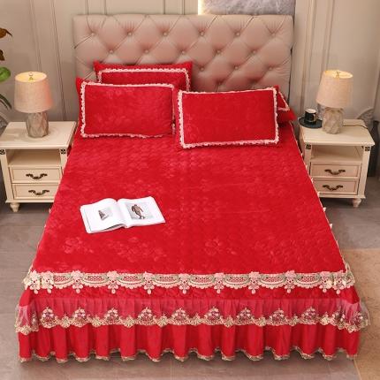 宜凡家纺 2021新款水晶绒床裙式床盖三件套 冬日恋歌-大红