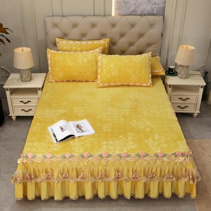 91家纺网 家纺一手货源 找家纺 宜凡家纺 2021新款水晶绒床裙式床盖三件套 冬日恋歌-金黄