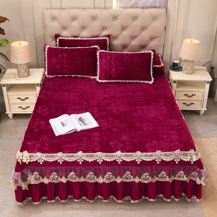 宜凡家纺 2021新款水晶绒床裙式床盖三件套 冬日恋歌-酒红
