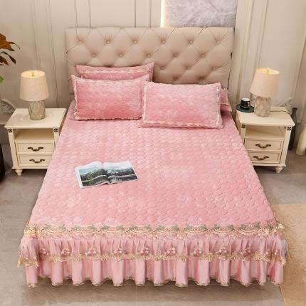 91家纺网 家纺一手货源 找家纺 宜凡家纺 2021新款水晶绒床裙式床盖三件套 冬日恋歌-藕粉