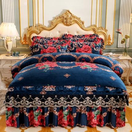 91家纺网 家纺一手货源 找家纺 宜凡家纺 2021新款夹棉水晶绒床裙四件套 花满庭