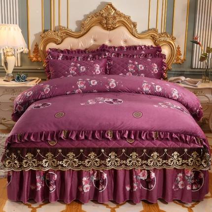 91家纺网 家纺一手货源 找家纺 宜凡家纺 2021新款夹棉水晶绒床裙四件套 粉黛