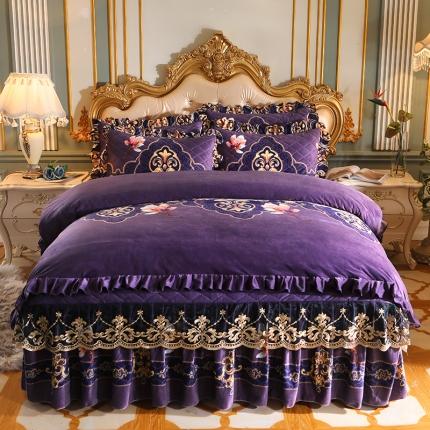 宜凡家纺 2021新款夹棉水晶绒床裙四件套 绝代佳人紫