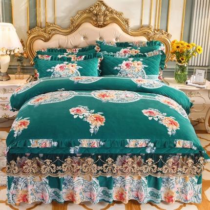 91家纺网 家纺一手货源 找家纺 宜凡家纺 2021新款夹棉水晶绒床裙四件套 金玉良缘绿