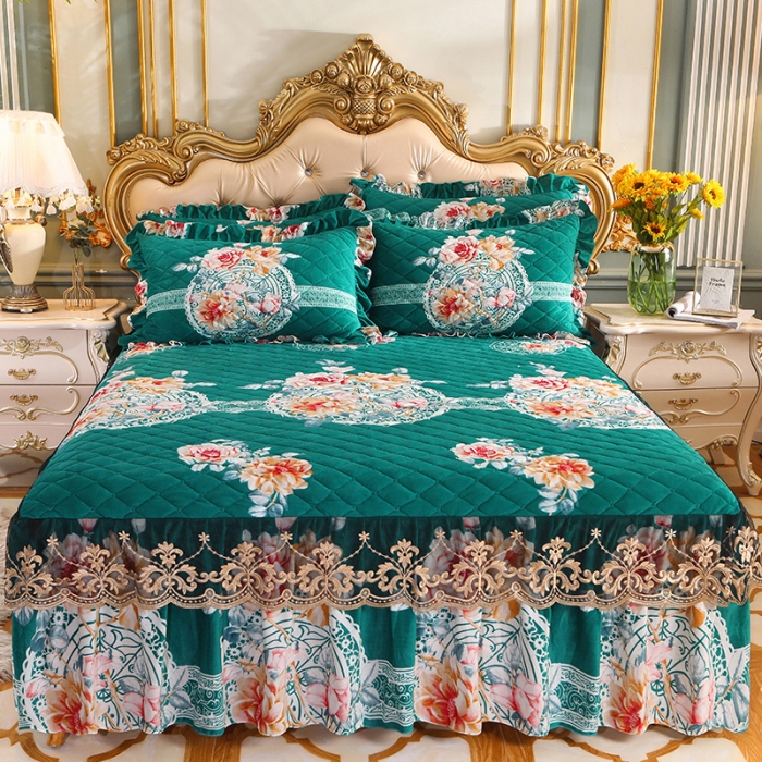 91家纺网 家纺一手货源 找家纺 宜凡家纺 2021新款夹棉水晶绒床裙四件套 金玉良缘绿