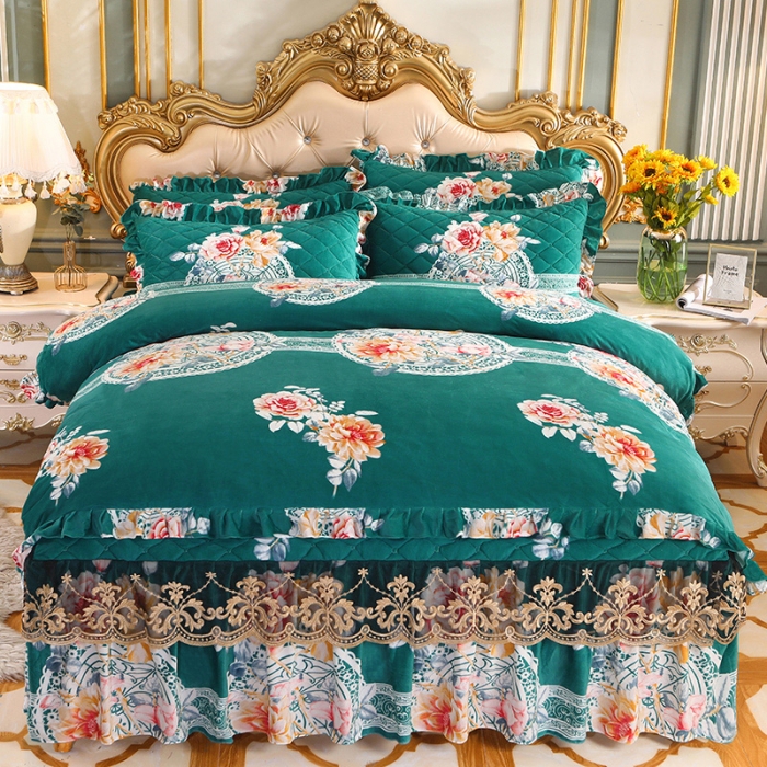 91家纺网 家纺一手货源 找家纺 宜凡家纺 2021新款夹棉水晶绒床裙四件套 金玉良缘绿