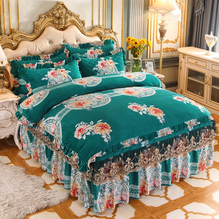 91家纺网 家纺一手货源 找家纺 宜凡家纺 2021新款夹棉水晶绒床裙四件套 金玉良缘绿