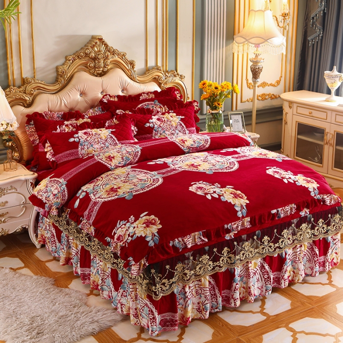 91家纺网 家纺一手货源 找家纺 宜凡家纺 2021新款夹棉水晶绒床裙四件套 金玉良缘红