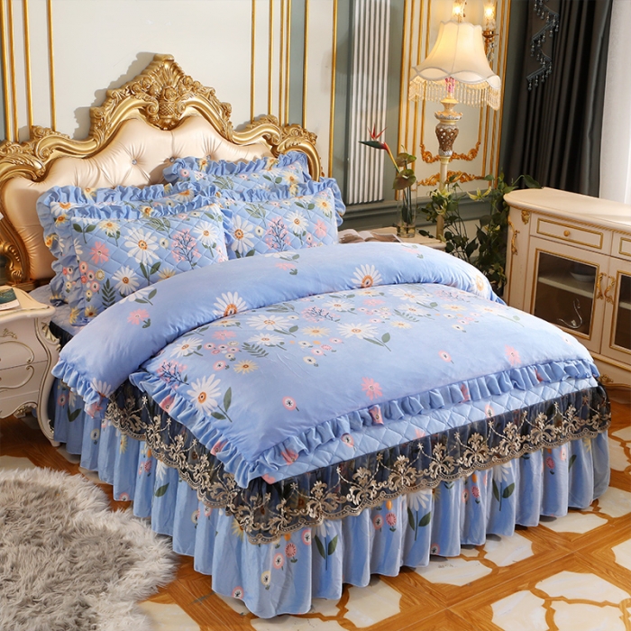 91家纺网 家纺一手货源 找家纺 宜凡家纺 2021新款夹棉水晶绒床裙四件套 花语