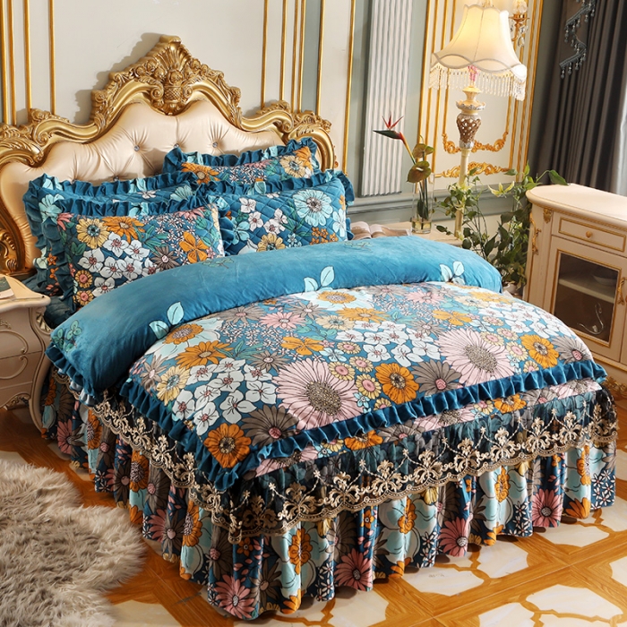 91家纺网 家纺一手货源 找家纺 宜凡家纺 2021新款夹棉水晶绒床裙四件套 小资情调