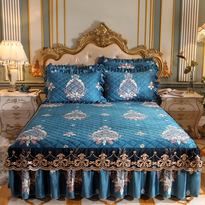 91家纺网 家纺一手货源 找家纺 宜凡家纺 2021新款夹棉水晶绒床裙四件套 欧若拉