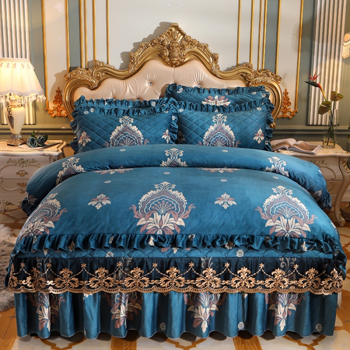 91家纺网 家纺一手货源 找家纺 宜凡家纺 2021新款夹棉水晶绒床裙四件套 欧若拉