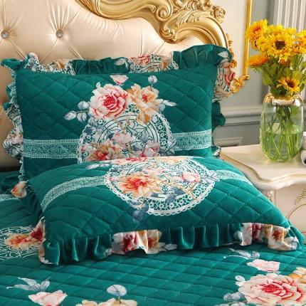 91家纺网 家纺一手货源 找家纺 宜凡家纺 2021新款夹棉水晶绒枕套一对 金玉良缘绿