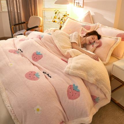 网客 2024新款雪花绒多功能被套毯 粉色草莓