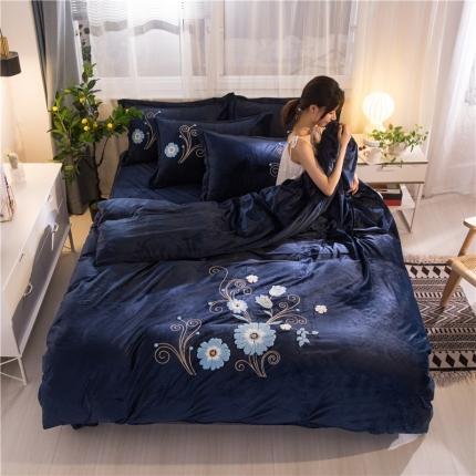 91家纺网 家纺一手货源 找家纺 金米诺2020新款水晶绒刺绣牛奶绒宝宝绒四件套 情语飞扬-宝蓝