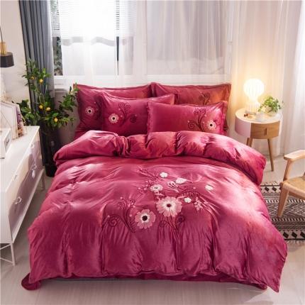 91家纺网 家纺一手货源 找家纺 金米诺2020新款水晶绒刺绣牛奶绒宝宝绒四件套 情语飞扬-豆沙