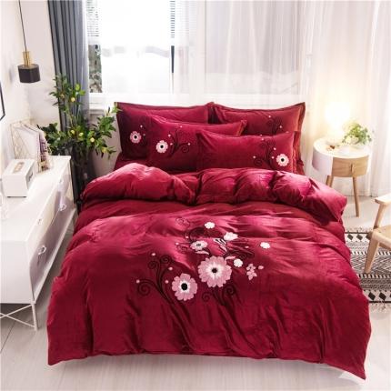 91家纺网 家纺一手货源 找家纺 金米诺2020新款水晶绒刺绣牛奶绒宝宝绒四件套 情语飞扬-酒红