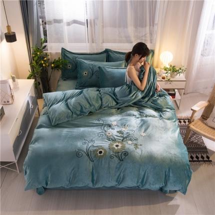 91家纺网 家纺一手货源 找家纺 金米诺2020新款水晶绒刺绣牛奶绒宝宝绒四件套 情语飞扬-墨绿