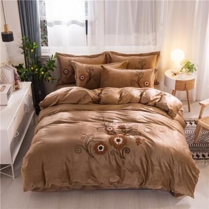 91家纺网 家纺一手货源 找家纺 金米诺2020新款水晶绒刺绣牛奶绒宝宝绒四件套 情语飞扬-驼色