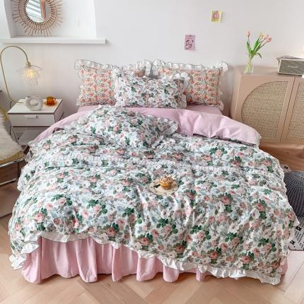 91家纺网 家纺一手货源 找家纺 （总）婳庭 2020新款韩版复古油画蕾丝款全棉床裙四件套