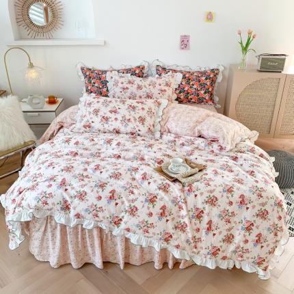 91家纺网 家纺一手货源 找家纺 婳庭 2020新款韩版复古油画蕾丝款全棉床裙四件套 暖阳