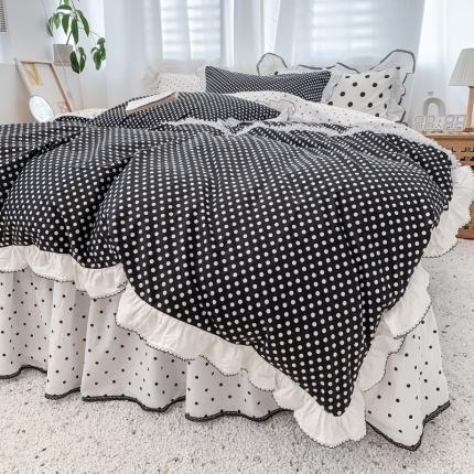 91家纺网 家纺一手货源 找家纺 婳庭 2020新款韩版复古油画蕾丝款全棉床裙四件套 点点黑