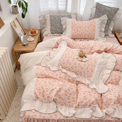 91家纺网 家纺一手货源 找家纺 婳庭 2020新款小碎花蕾丝边水洗棉印花四件套 小桃子