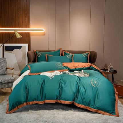 爱缦2020新款100S长绒棉澳棉刺绣简系列四件套 海绿-桦茶色