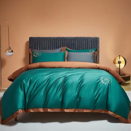 91家纺网 家纺一手货源 找家纺 爱缦2020澳棉100S长绒棉刺绣简系列四件套 海绿-桦茶色