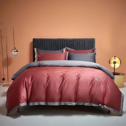 91家纺网 家纺一手货源 找家纺 爱缦2020澳棉100S长绒棉刺绣简系列四件套 印度红-银灰