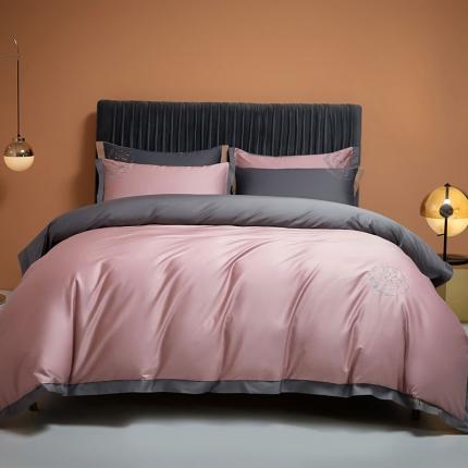 91家纺网 家纺一手货源 找家纺 爱缦2020澳棉100S长绒棉刺绣简系列四件套 藕粉-银灰