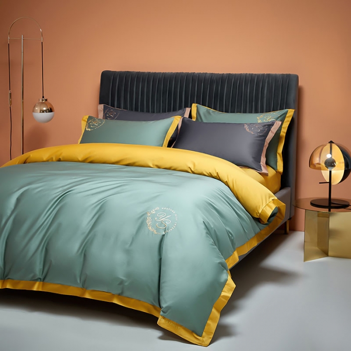 91家纺网 家纺一手货源 找家纺 爱缦2020澳棉100S长绒棉刺绣简系列四件套 松绿-金黄色