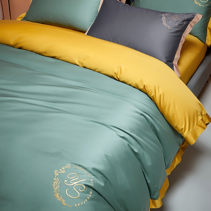 91家纺网 家纺一手货源 找家纺 爱缦2020澳棉100S长绒棉刺绣简系列四件套 松绿-金黄色