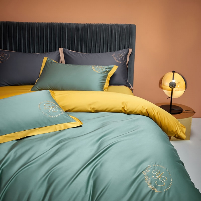 91家纺网 家纺一手货源 找家纺 爱缦2020澳棉100S长绒棉刺绣简系列四件套 松绿-金黄色