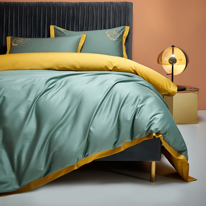 91家纺网 家纺一手货源 找家纺 爱缦2020澳棉100S长绒棉刺绣简系列四件套 松绿-金黄色