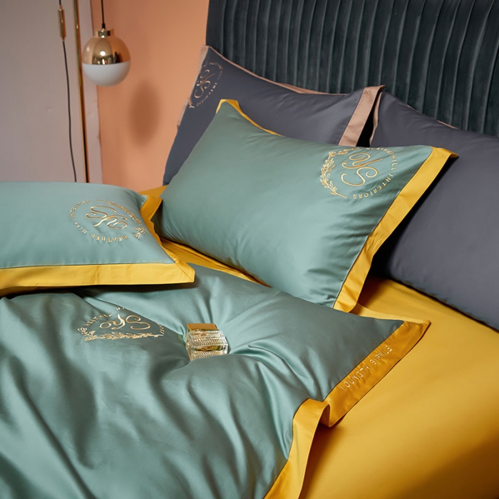 91家纺网 家纺一手货源 找家纺 爱缦2020澳棉100S长绒棉刺绣简系列四件套 松绿-金黄色