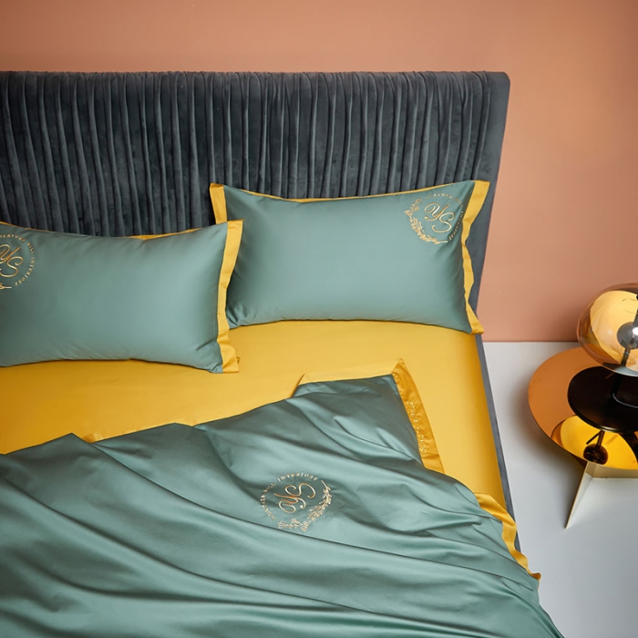 91家纺网 家纺一手货源 找家纺 爱缦2020澳棉100S长绒棉刺绣简系列四件套 松绿-金黄色