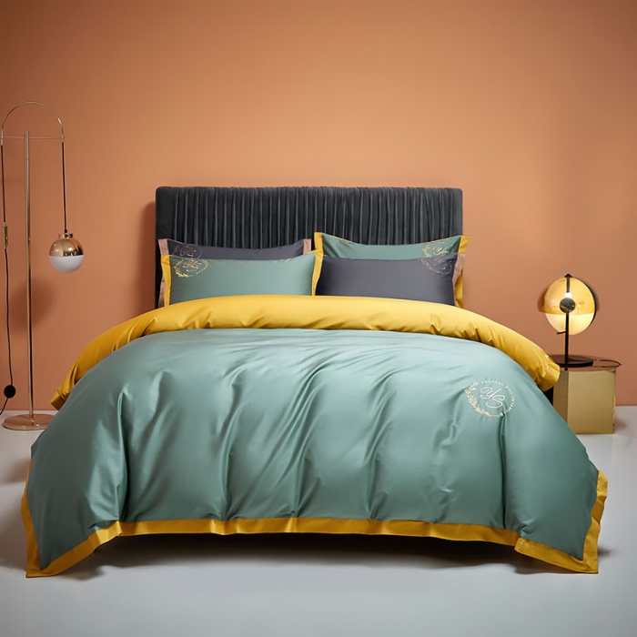 91家纺网 家纺一手货源 找家纺 爱缦2020澳棉100S长绒棉刺绣简系列四件套 松绿-金黄色