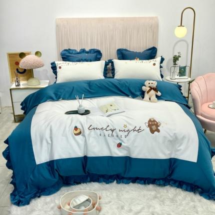 91家纺网 家纺一手货源 找家纺 眠帛家居 2020新款绣花全棉公主风四件套 贝尔-蓝