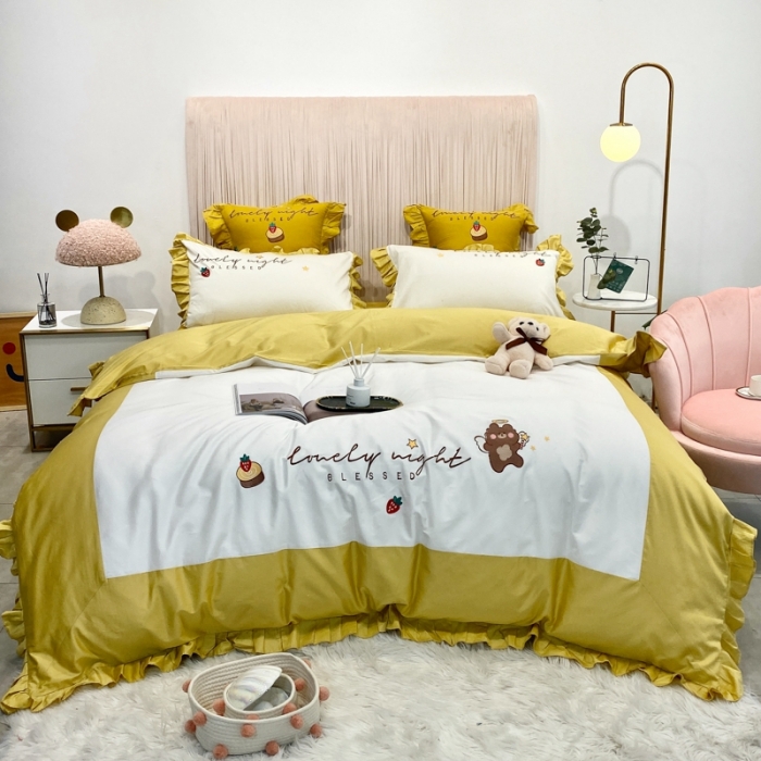 91家纺网 家纺一手货源 找家纺 眠帛家居2020新款绣花全棉公主风四件套 贝尔-黄