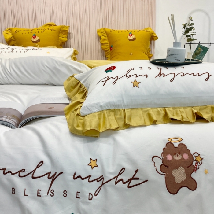 91家纺网 家纺一手货源 找家纺 眠帛家居2020新款绣花全棉公主风四件套 贝尔-黄