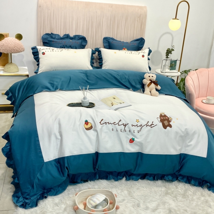 91家纺网 家纺一手货源 找家纺 眠帛家居 2020新款绣花全棉公主风四件套 贝尔-蓝