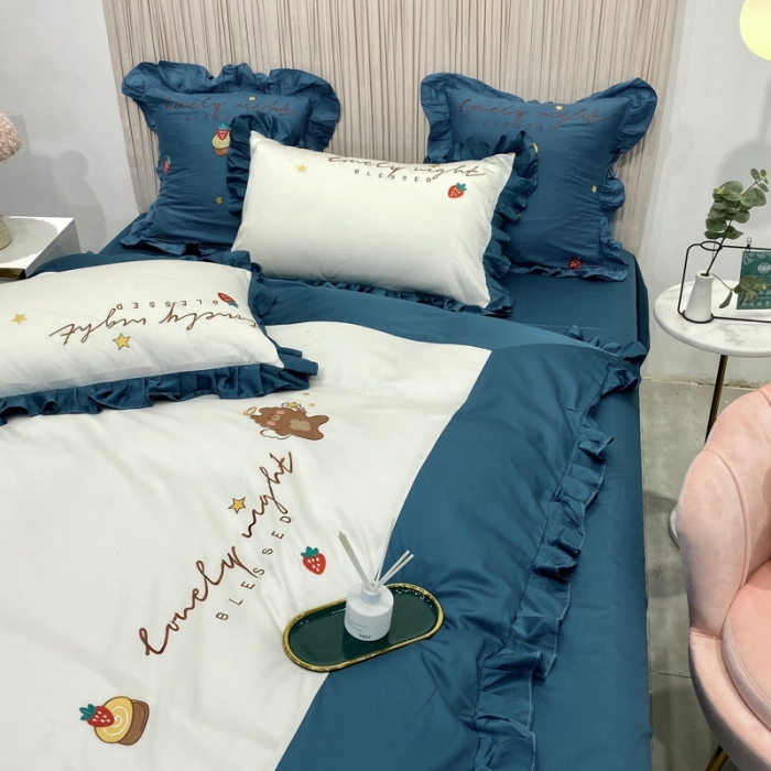 91家纺网 家纺一手货源 找家纺 眠帛家居 2020新款绣花全棉公主风四件套 贝尔-蓝