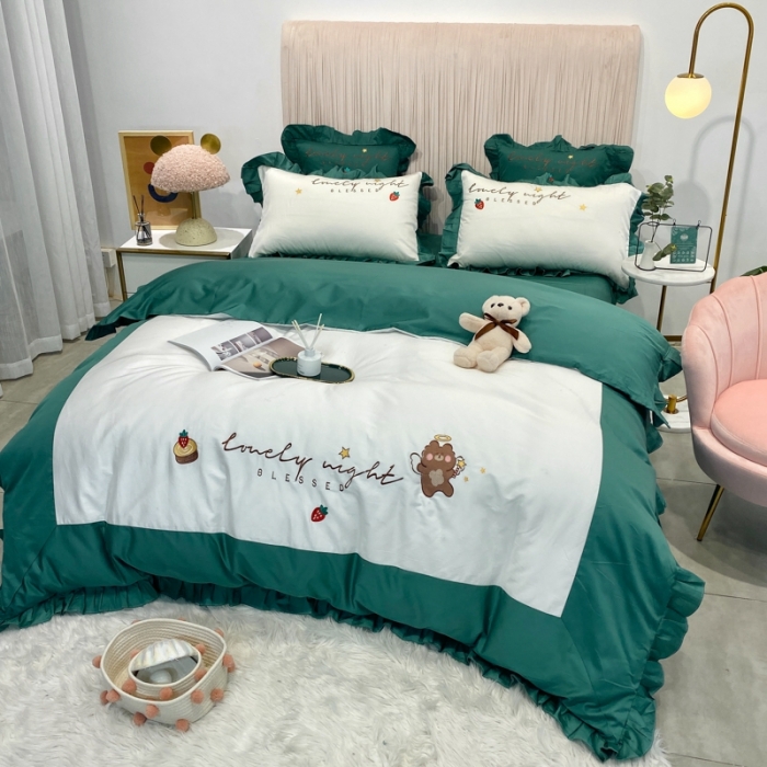 91家纺网 家纺一手货源 找家纺 眠帛家居 2020新款绣花全棉公主风四件套 贝尔-绿