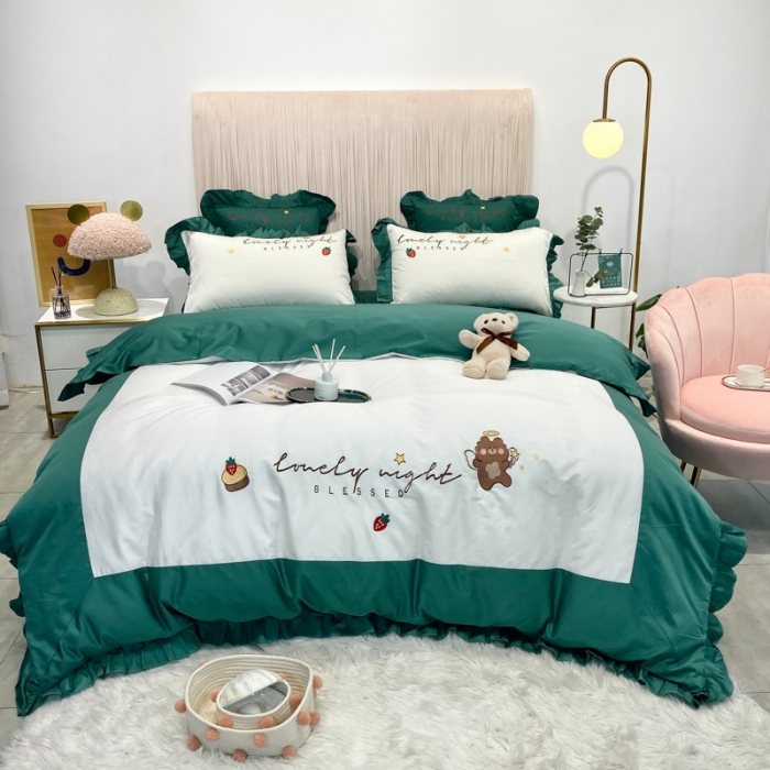 91家纺网 家纺一手货源 找家纺 眠帛家居 2020新款绣花全棉公主风四件套 贝尔-绿